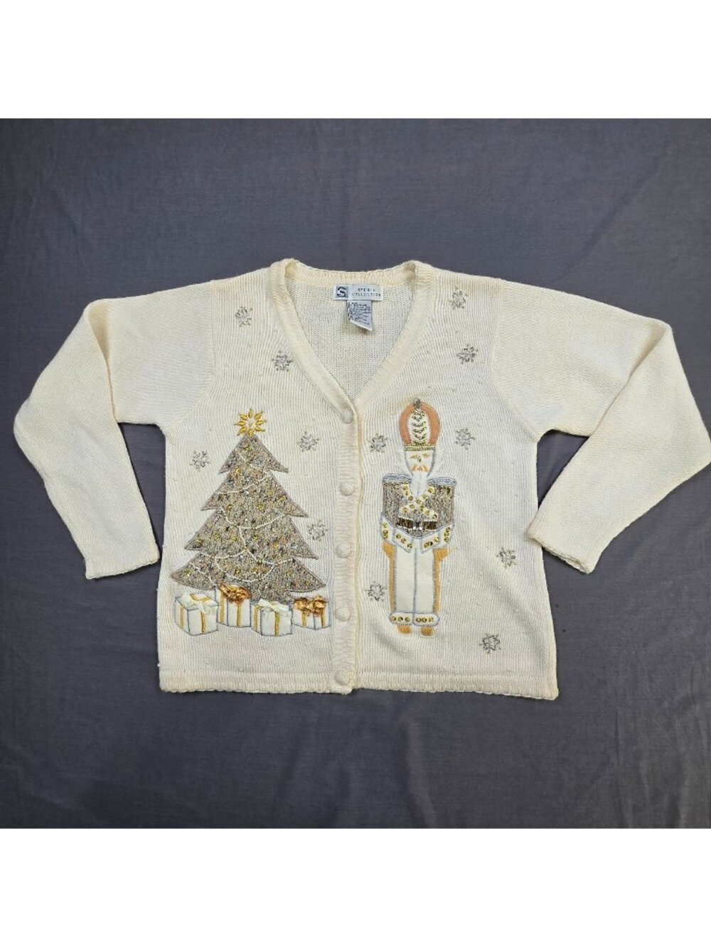 Vintage Studio Collection Small Christmas Cardigan Gold Sequin Nutcracker Tree